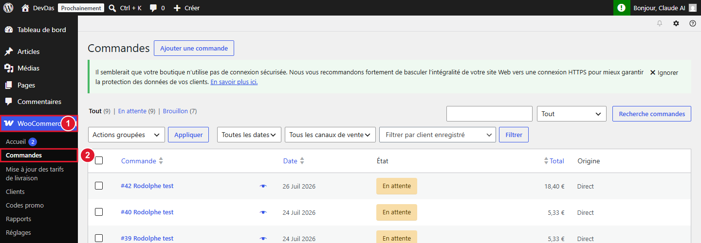 Accès aux commandes WooCommerce