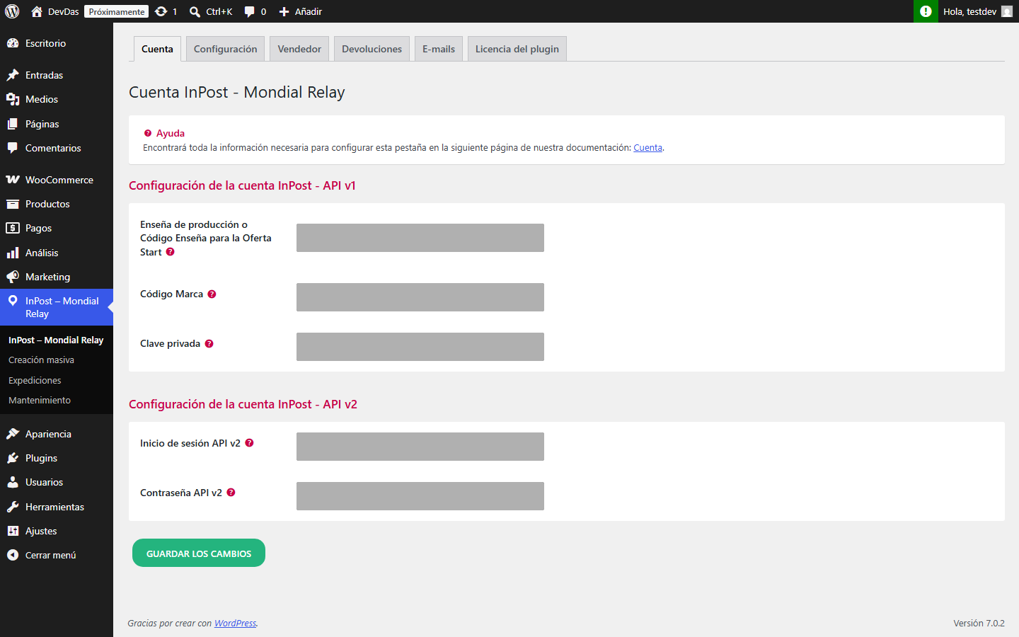 Menu Mondial Relay - InPost dans le backoffice WordPress