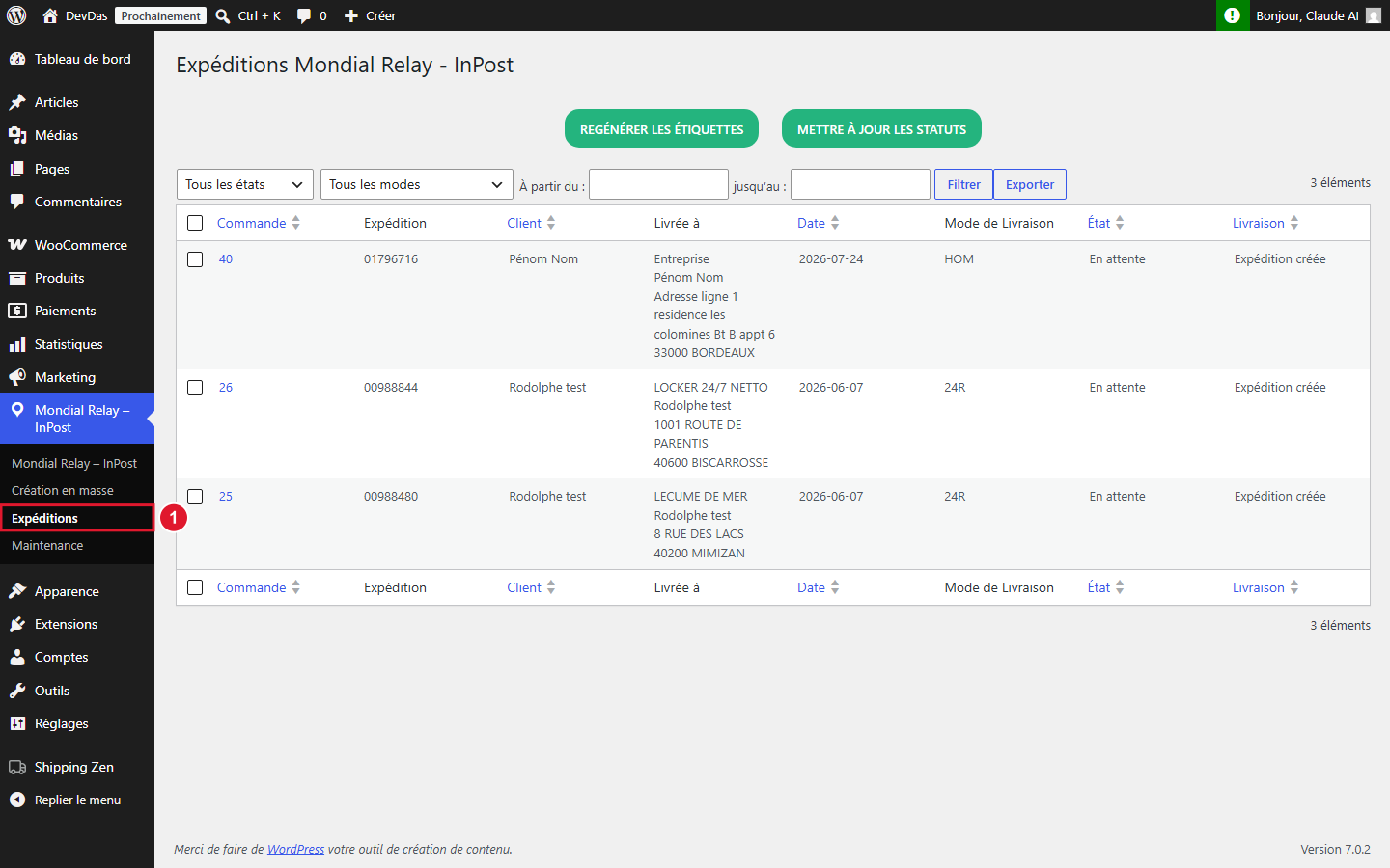 Accès au menu Expéditions du plugin