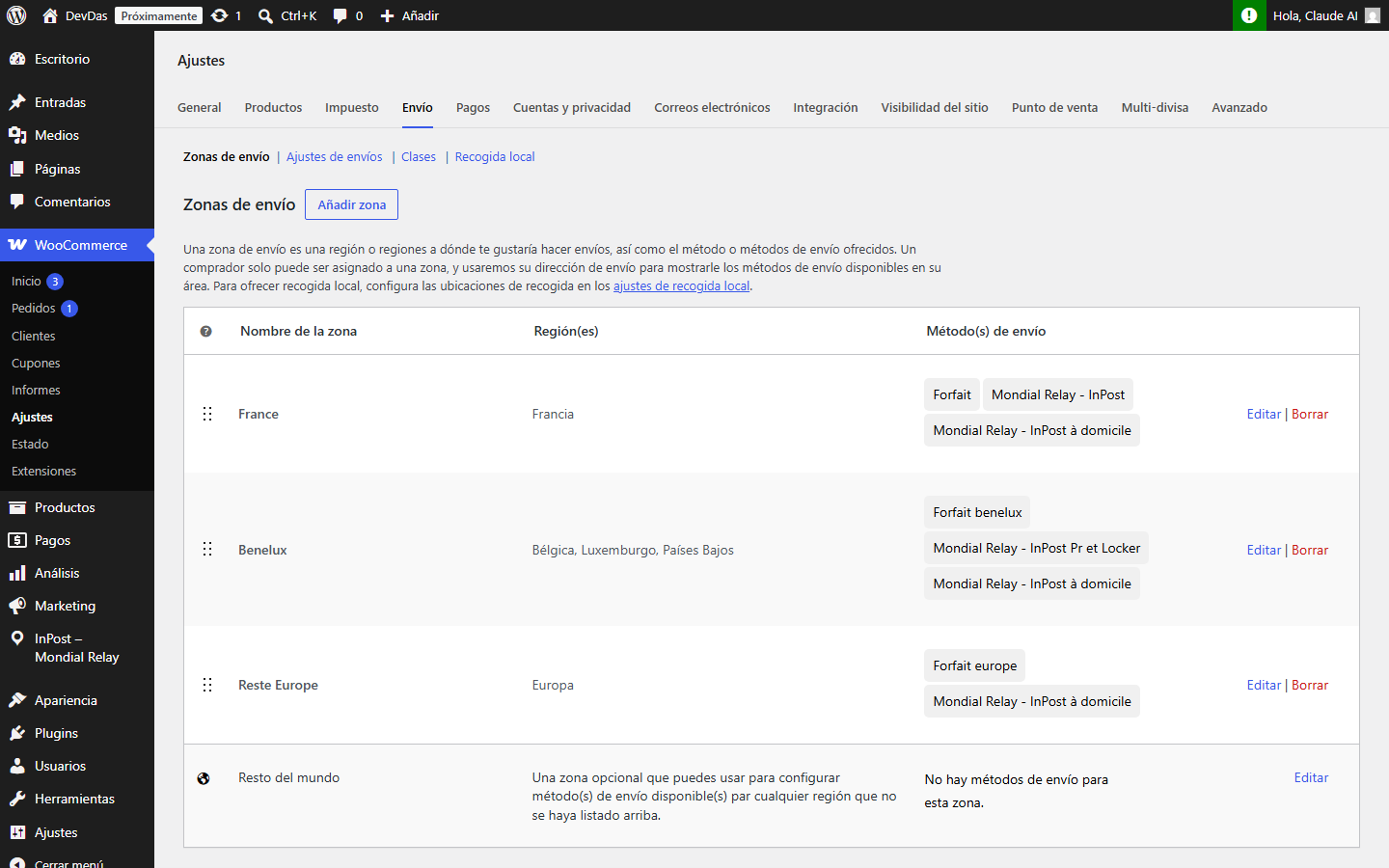 Acceso a las zonas de envío WooCommerce