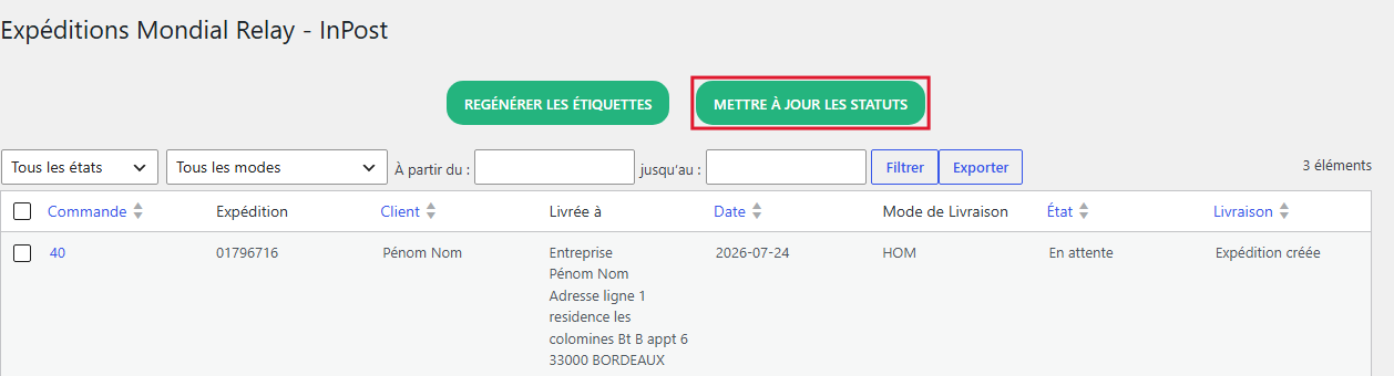 Bouton Mettre à jour les statuts