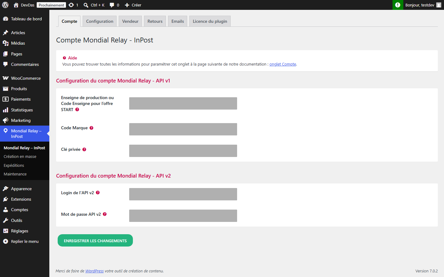 Onglet Compte - identifiants API v1 et API v2