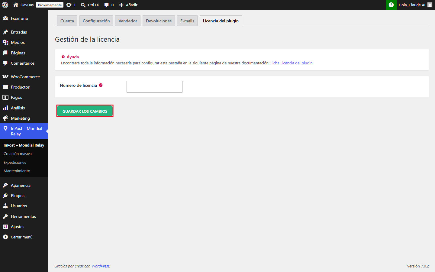 Pestaña Licencia del plugin