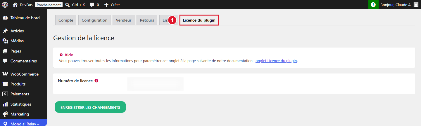 Onglet Licence du plugin