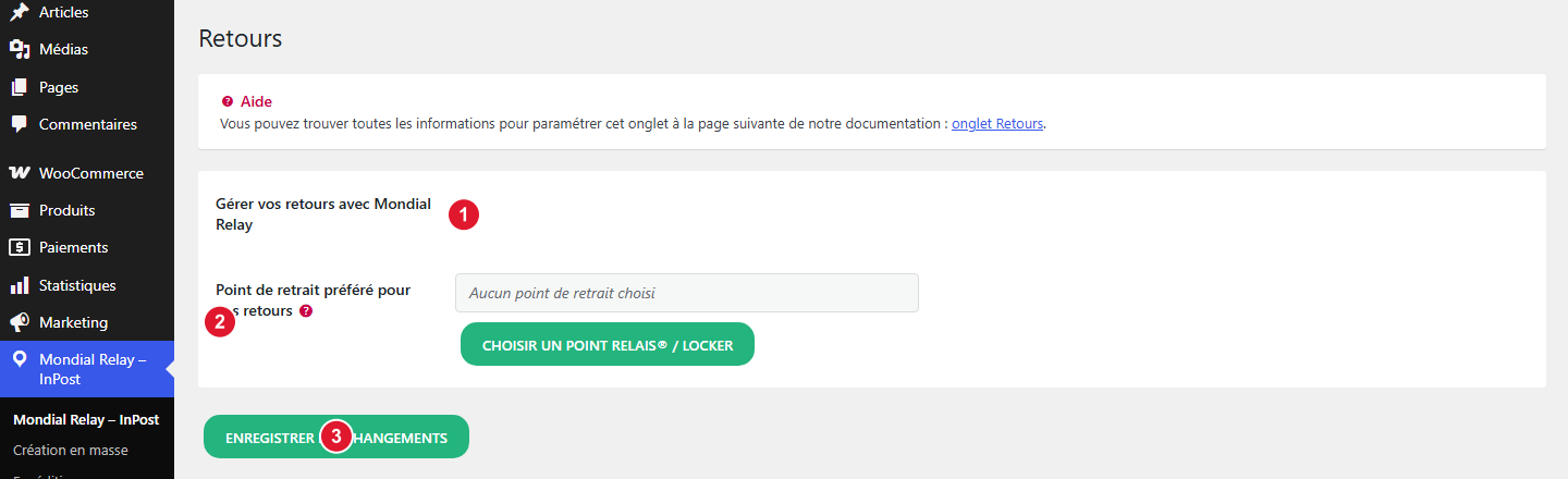 Onglet Retours du plugin