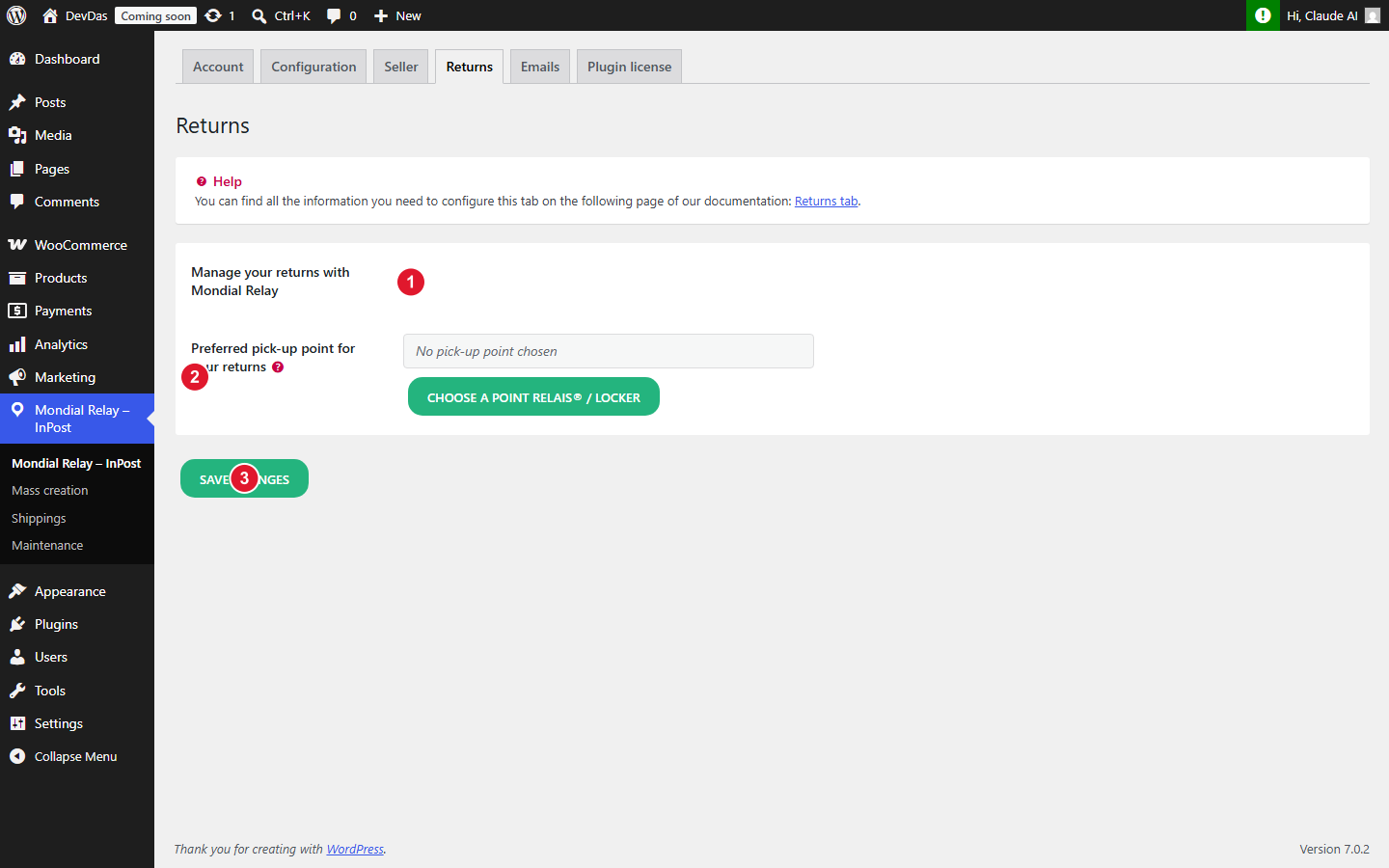 Returns tab of the plugin