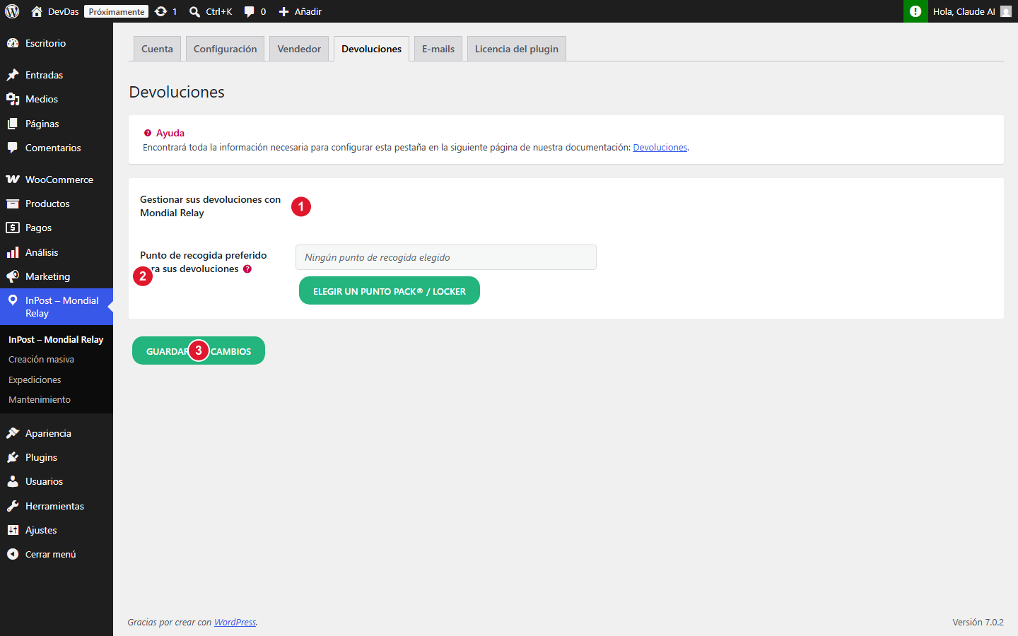 Pestaña Devoluciones del plugin