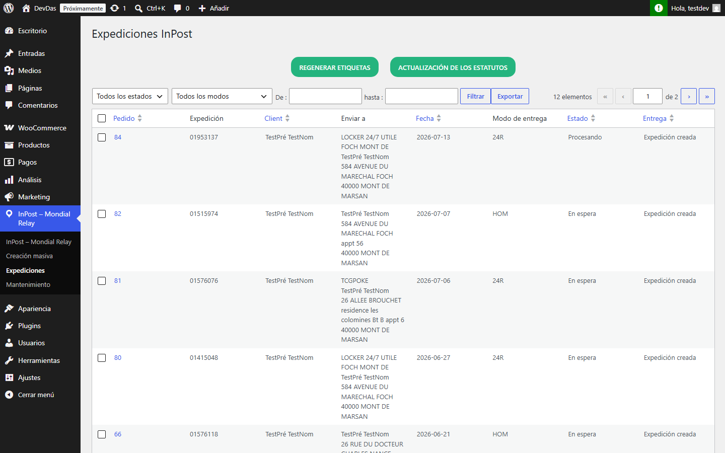Acceso al menú Expediciones del plugin