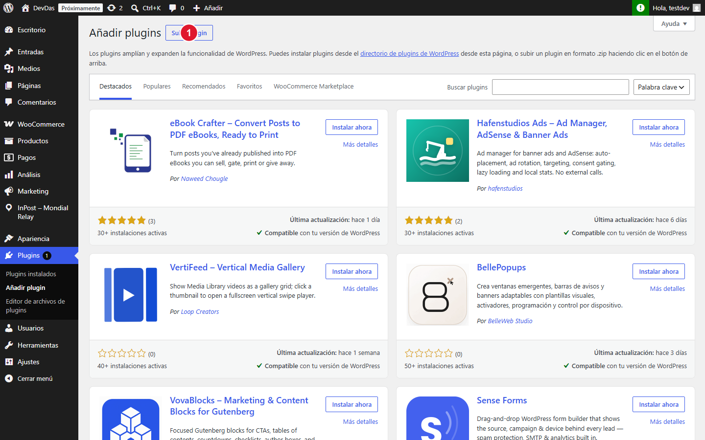 Botón Subir plugin en WordPress
