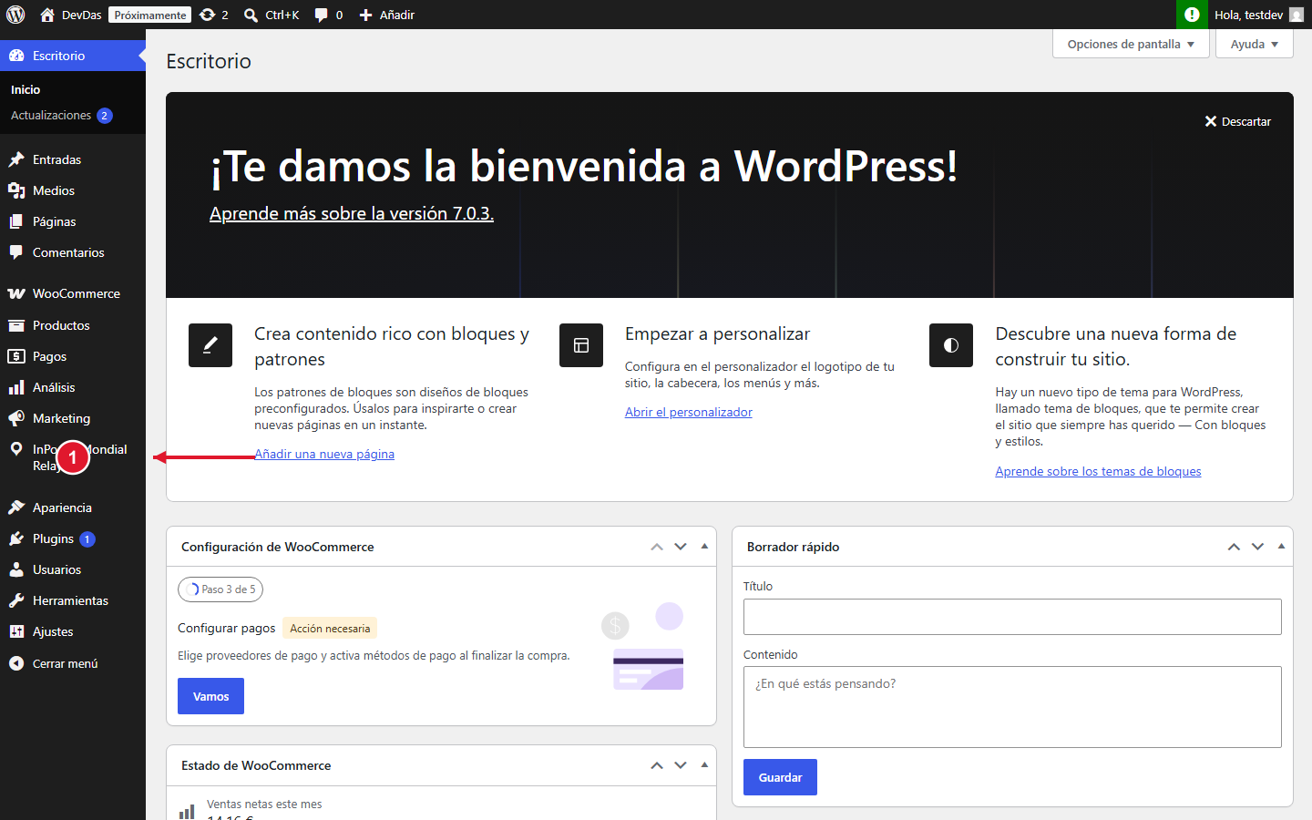 Menú Mondial Relay – InPost en el escritorio de WordPress