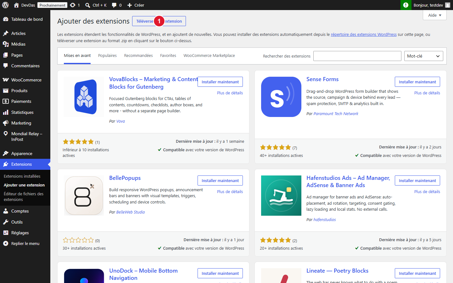 Bouton Téléverser une extension dans WordPress